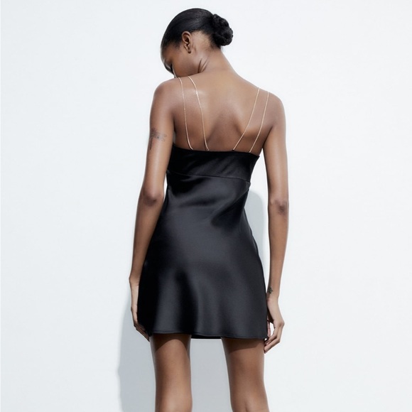 Zara gold chain strap satin effect mini dress black XS 7969/042 LBD - Picture 5 of 12